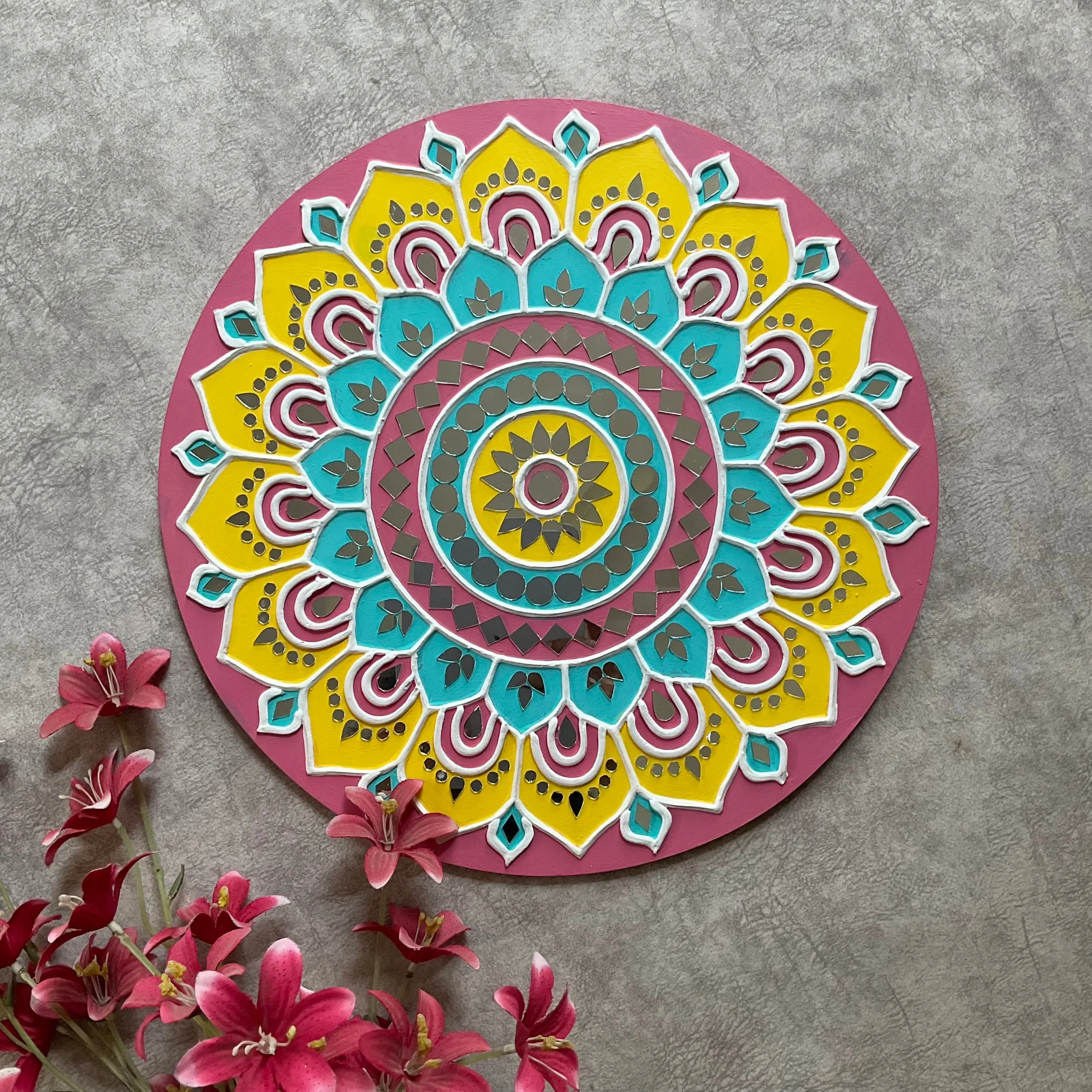 15 Inch Rangoli Lippan Art (Set of 3) Wall Hanging - Clay Mirror Wall Decor