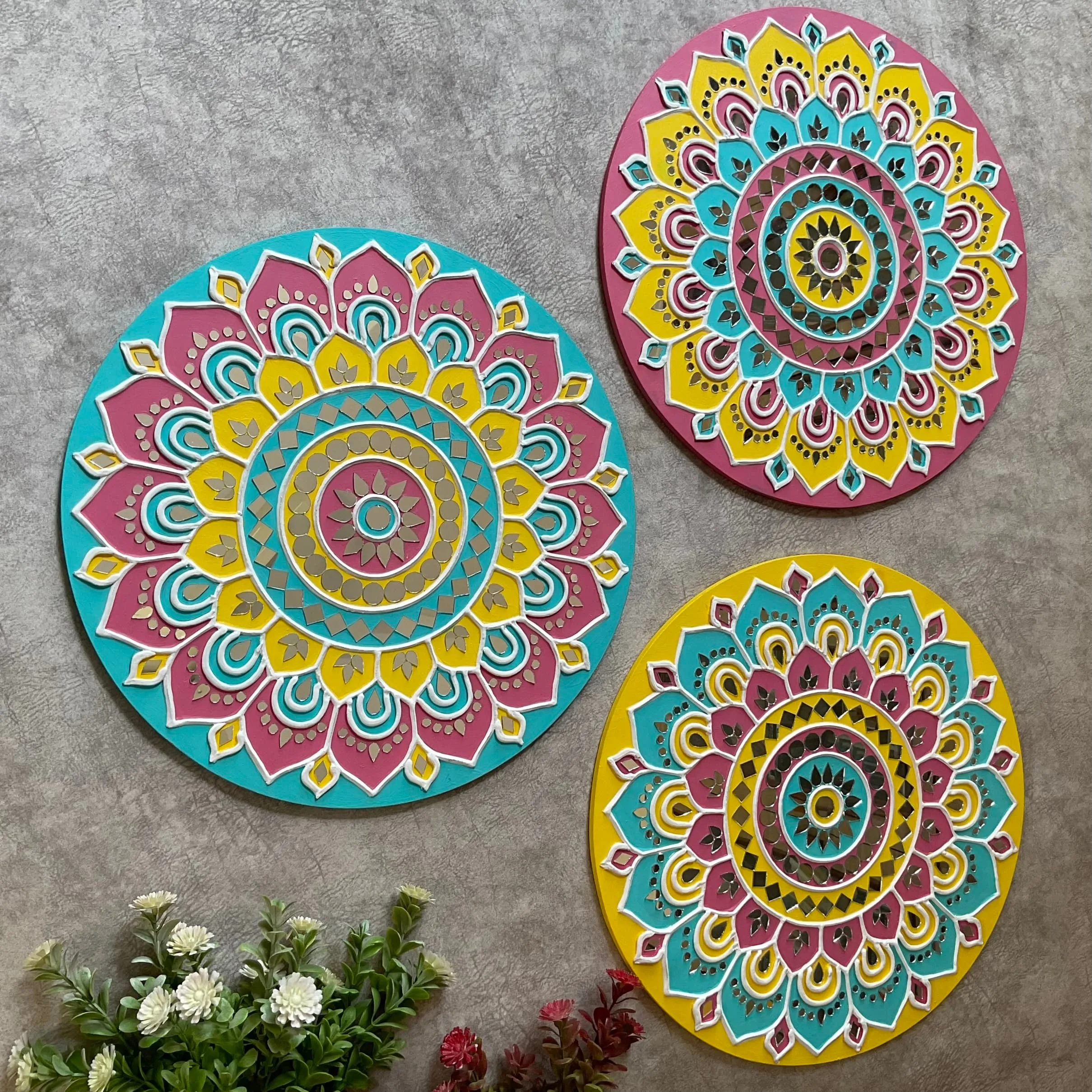 15 Inch Rangoli Lippan Art (Set of 3) Wall Hanging - Clay Mirror Wall Decor