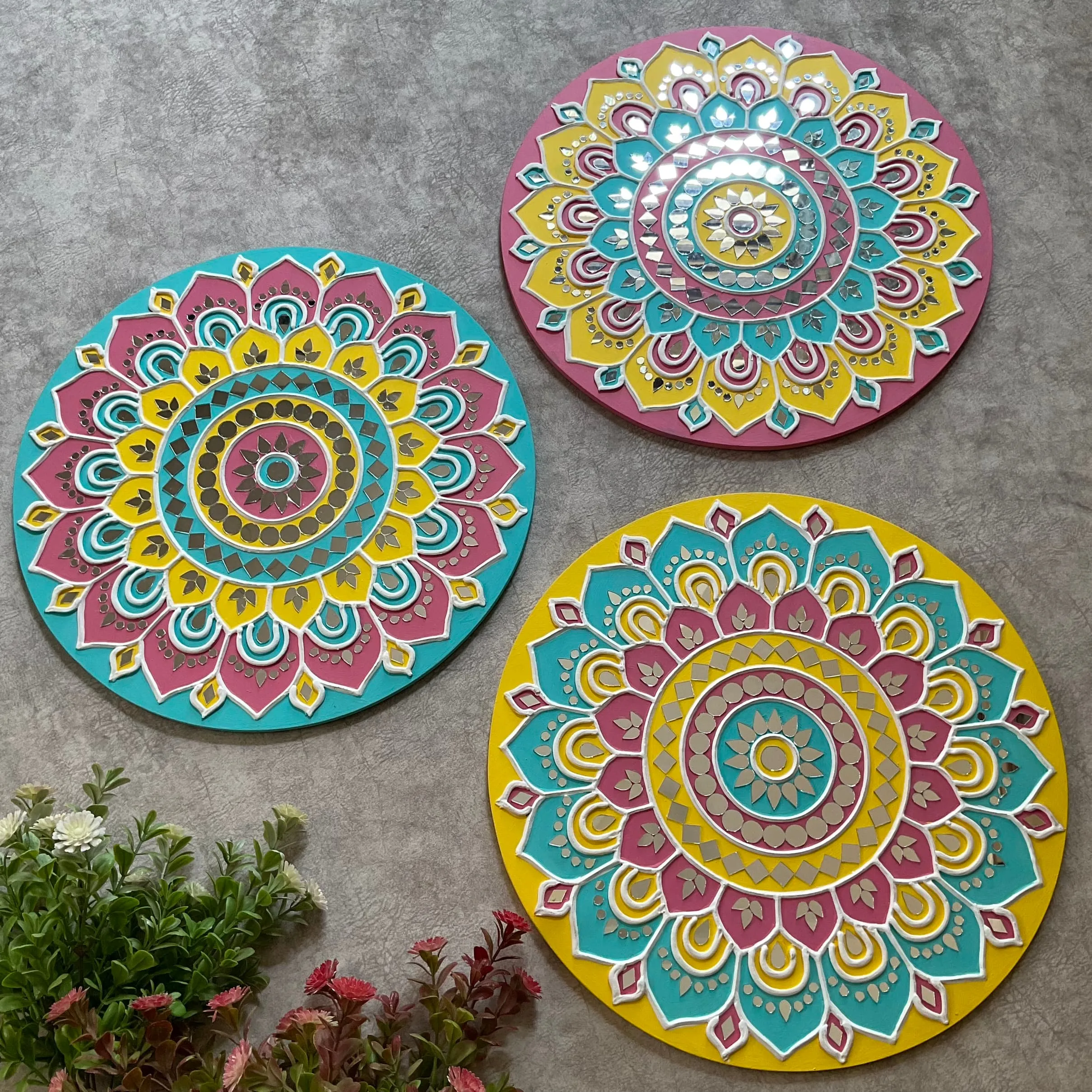 15 Inch Rangoli Lippan Art (Set of 3) Wall Hanging - Clay Mirror Wall Decor