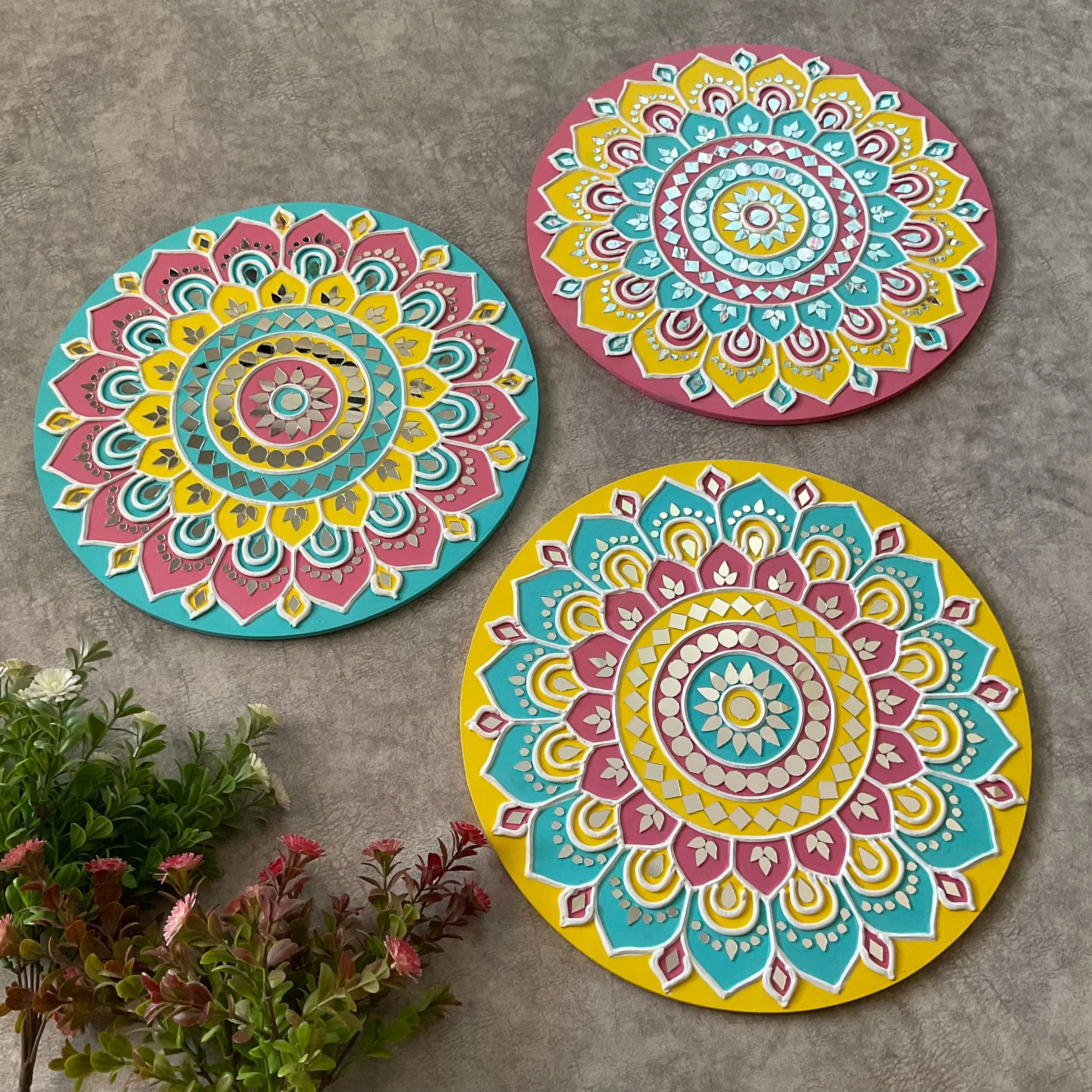 15 Inch Rangoli Lippan Art (Set of 3) Wall Hanging - Clay Mirror Wall Decor