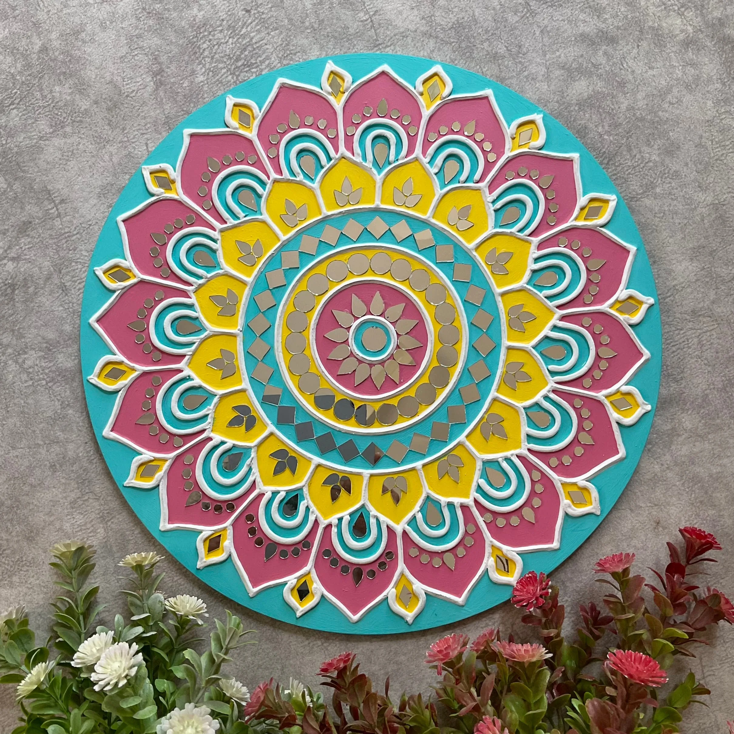 15 Inch Rangoli Lippan Art (Set of 3) Wall Hanging - Clay Mirror Wall Decor