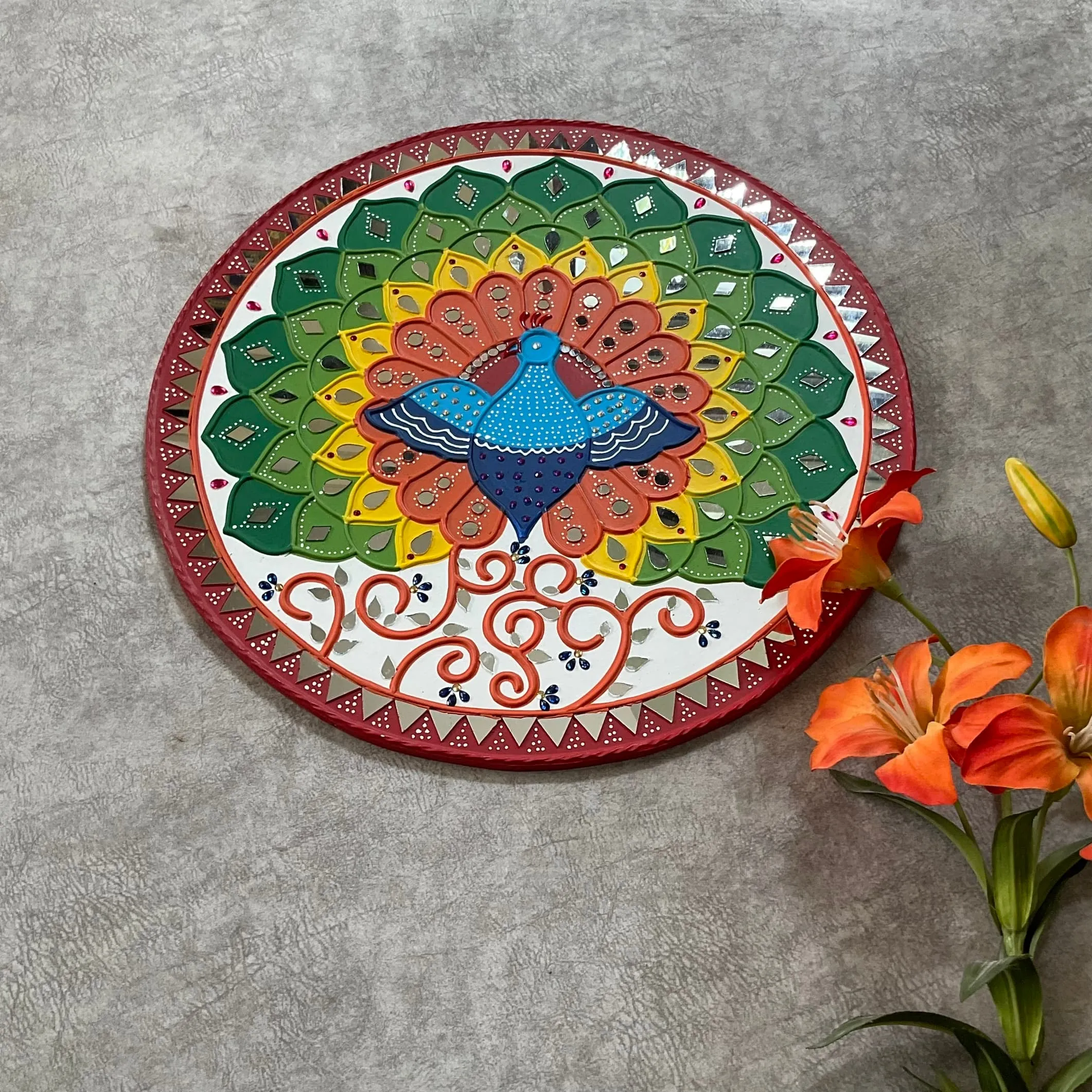 18 Inches Peacock Lippan Art Wall Hanging - Clay Mirror Wall Decor