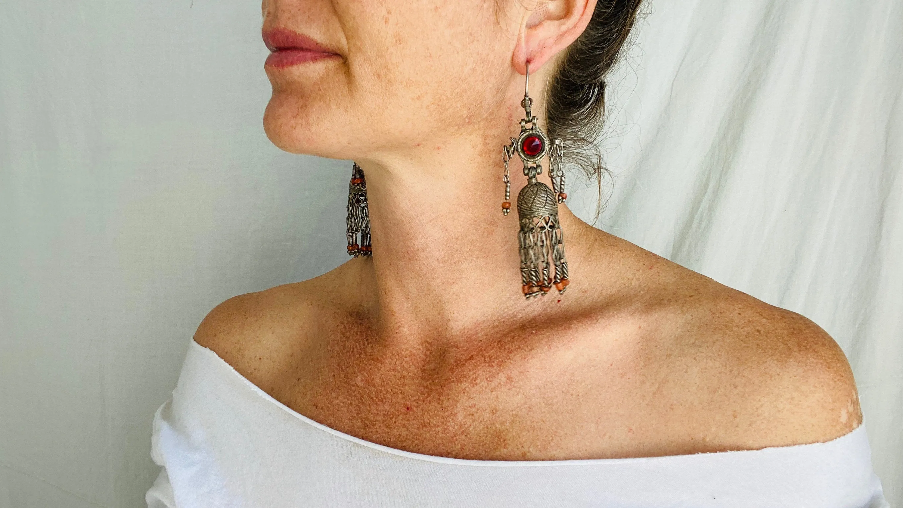 Antique Uzbek Bukhari Silver Earrings. Coral and Glass
