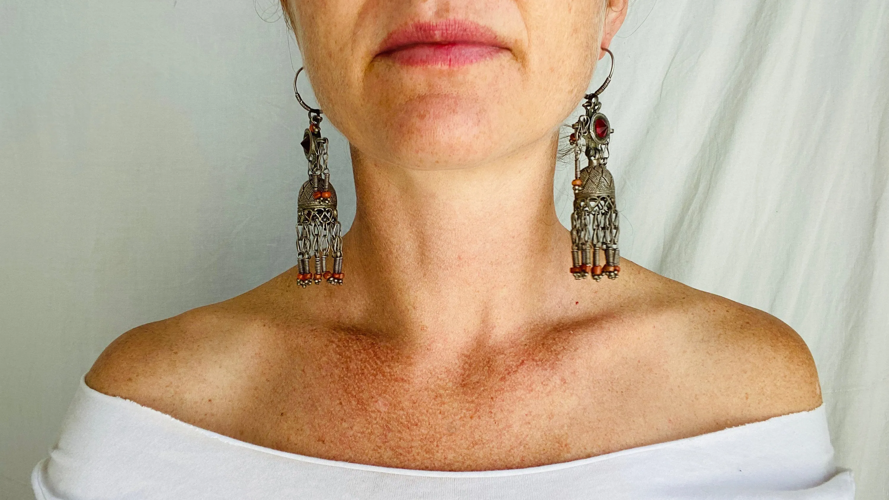Antique Uzbek Bukhari Silver Earrings. Coral and Glass