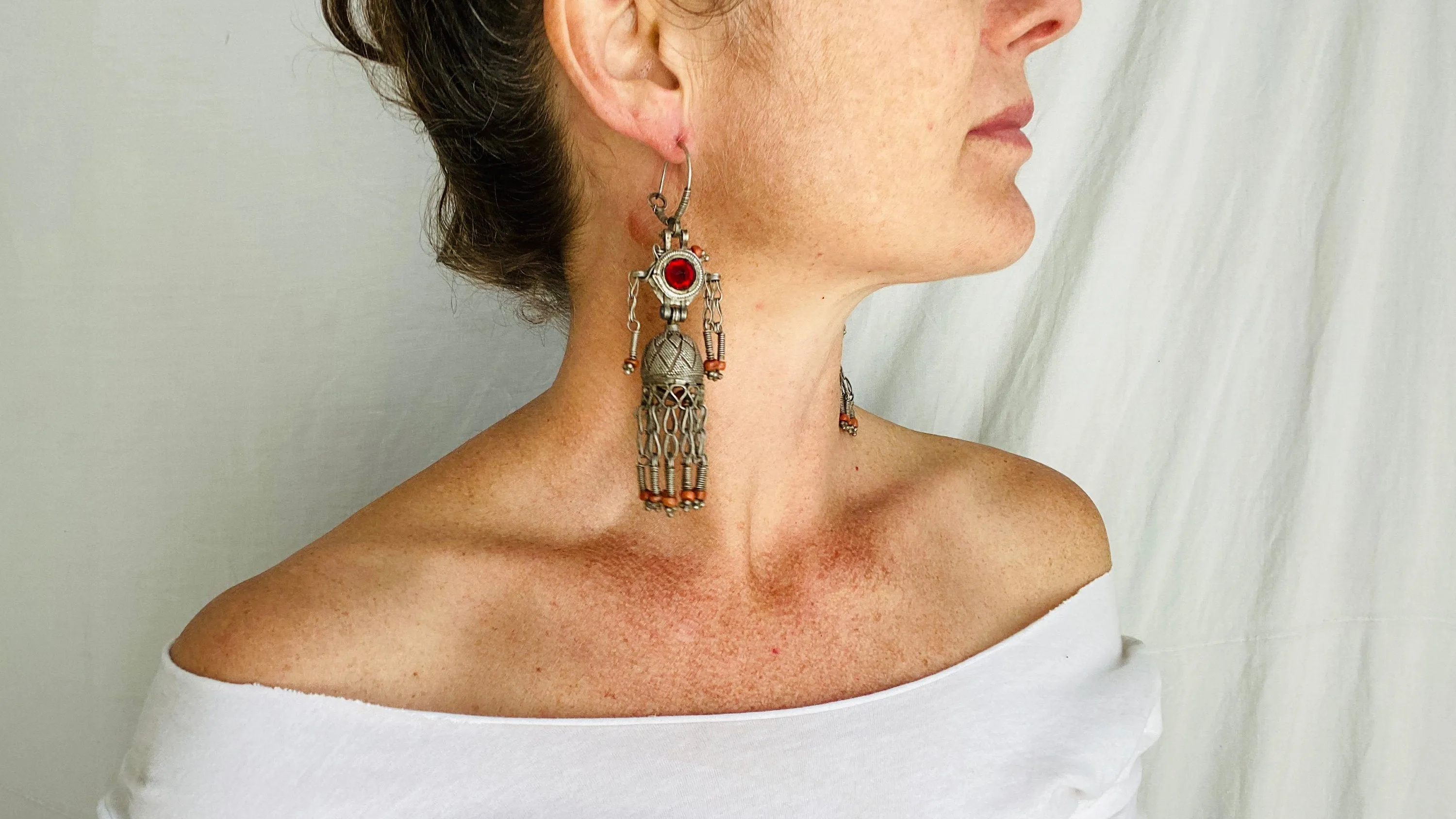 Antique Uzbek Bukhari Silver Earrings. Coral and Glass