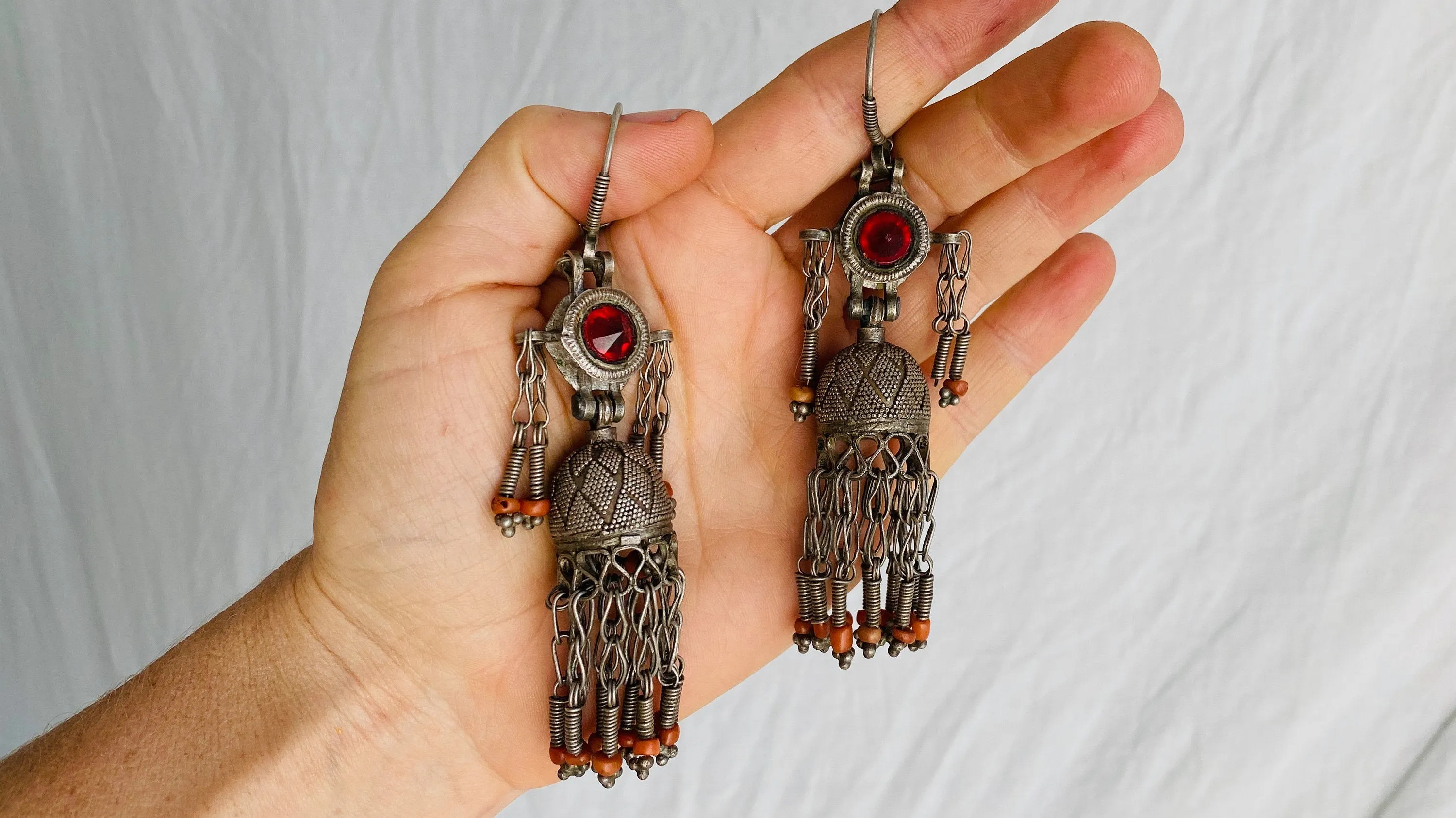 Antique Uzbek Bukhari Silver Earrings. Coral and Glass