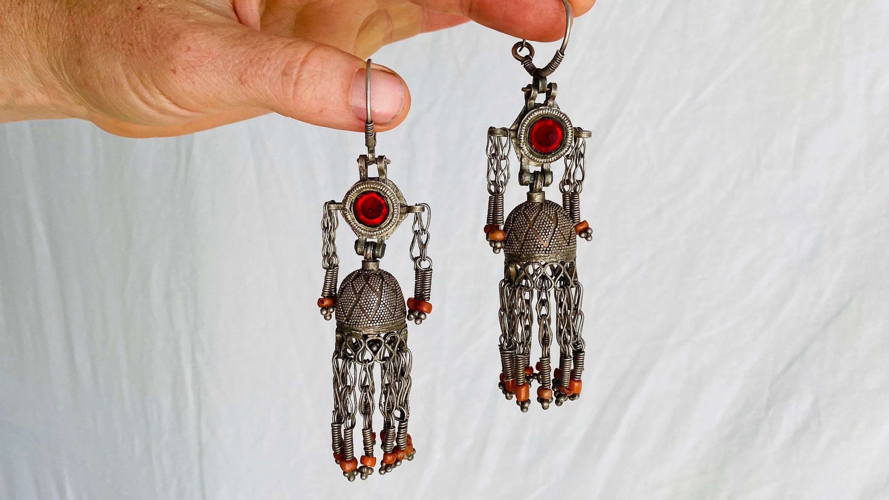 Antique Uzbek Bukhari Silver Earrings. Coral and Glass