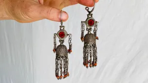 Antique Uzbek Bukhari Silver Earrings. Coral and Glass