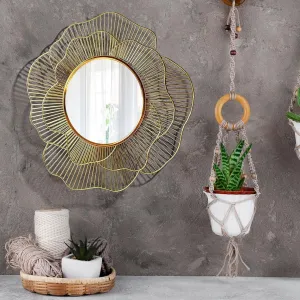 Artemade Iron Framed Decorative Wall Mounted Round Hanging Mirror Vintage Flower Leaf Design Golden Modern Art Mirror for Bathroom Living Room, Home Decor (60 Cm)