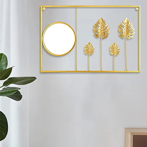 CALANDIS® Metal Leaf Wall Art Decorative Mirror Background for Home Living Room Office Monstera Straight | 1 Metal Wall Decor 1 Mirror