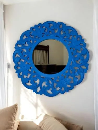 Daim® Large Round Mirror, Wall-Mounted MDF Frame Vanity Mirror, Decor Panel, Handpainted, Living Room, Bedroom, Veranda Mirror (50 CM Round)(Blue)