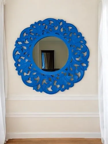 Daim® Large Round Mirror, Wall-Mounted MDF Frame Vanity Mirror, Decor Panel, Handpainted, Living Room, Bedroom, Veranda Mirror (50 CM Round)(Blue)