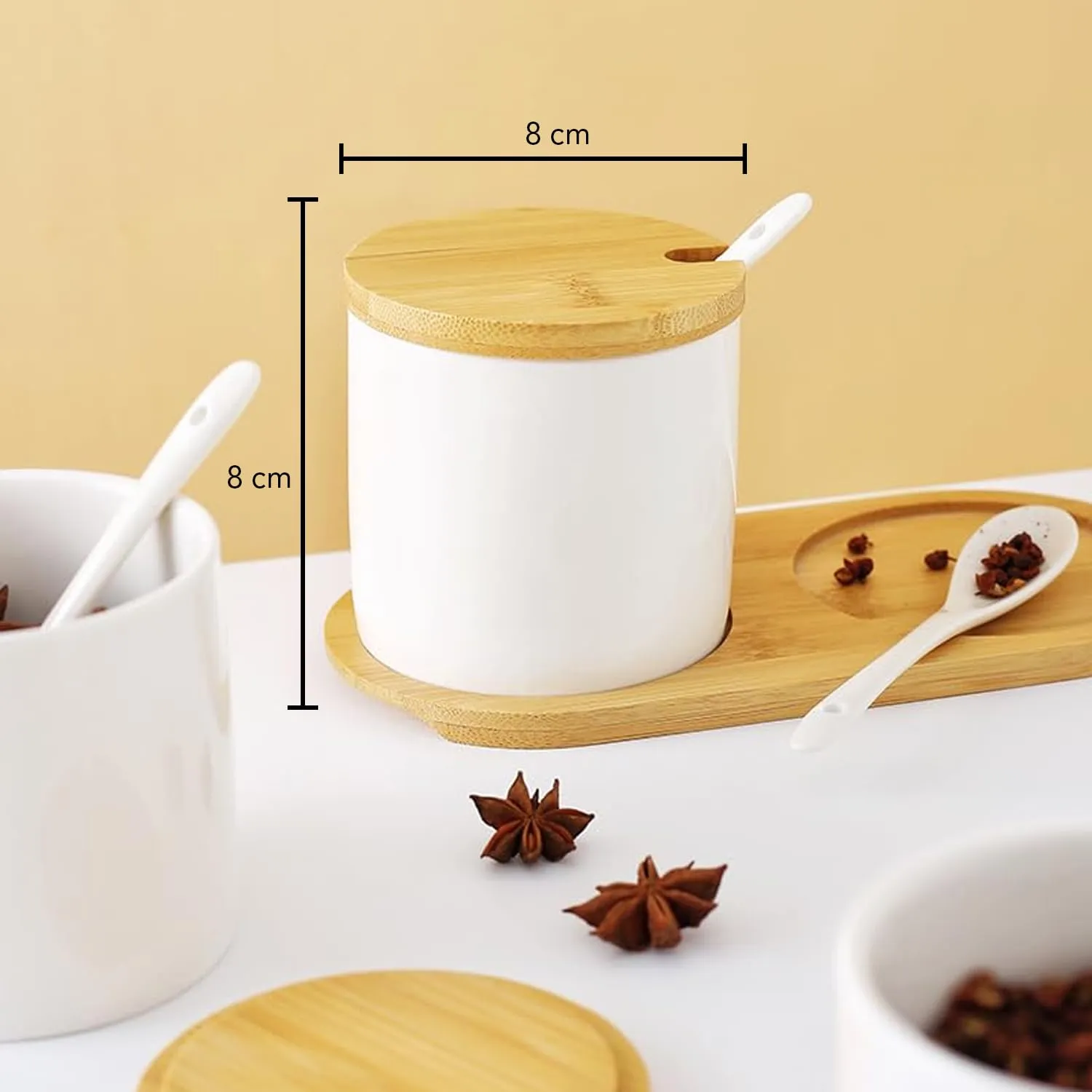 Ekhasa Multipurpose Ceramic Jars with Bamboo Lid (Set of 2) | Ideal for Home Decor, Kitchen Storage, Keeping Cosmetics & Jewellery Accessories, Vases & Plants, Cutlery & Tissues Holder, Candle Holder