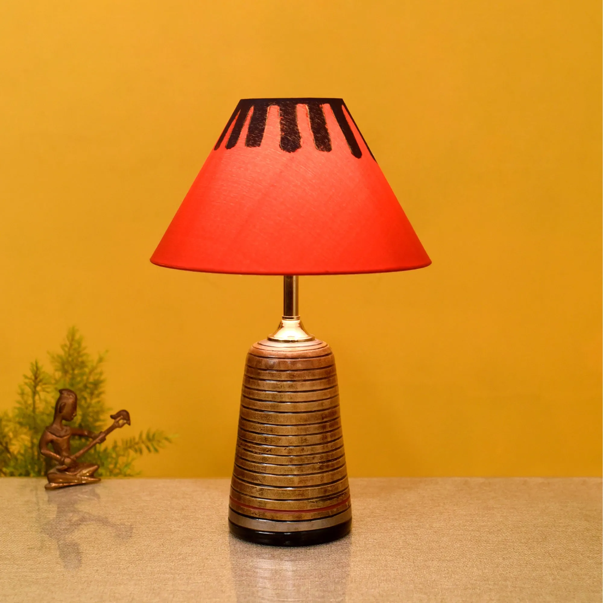 Handcrafted Terracotta Table Lamp with Red Cotton Shade