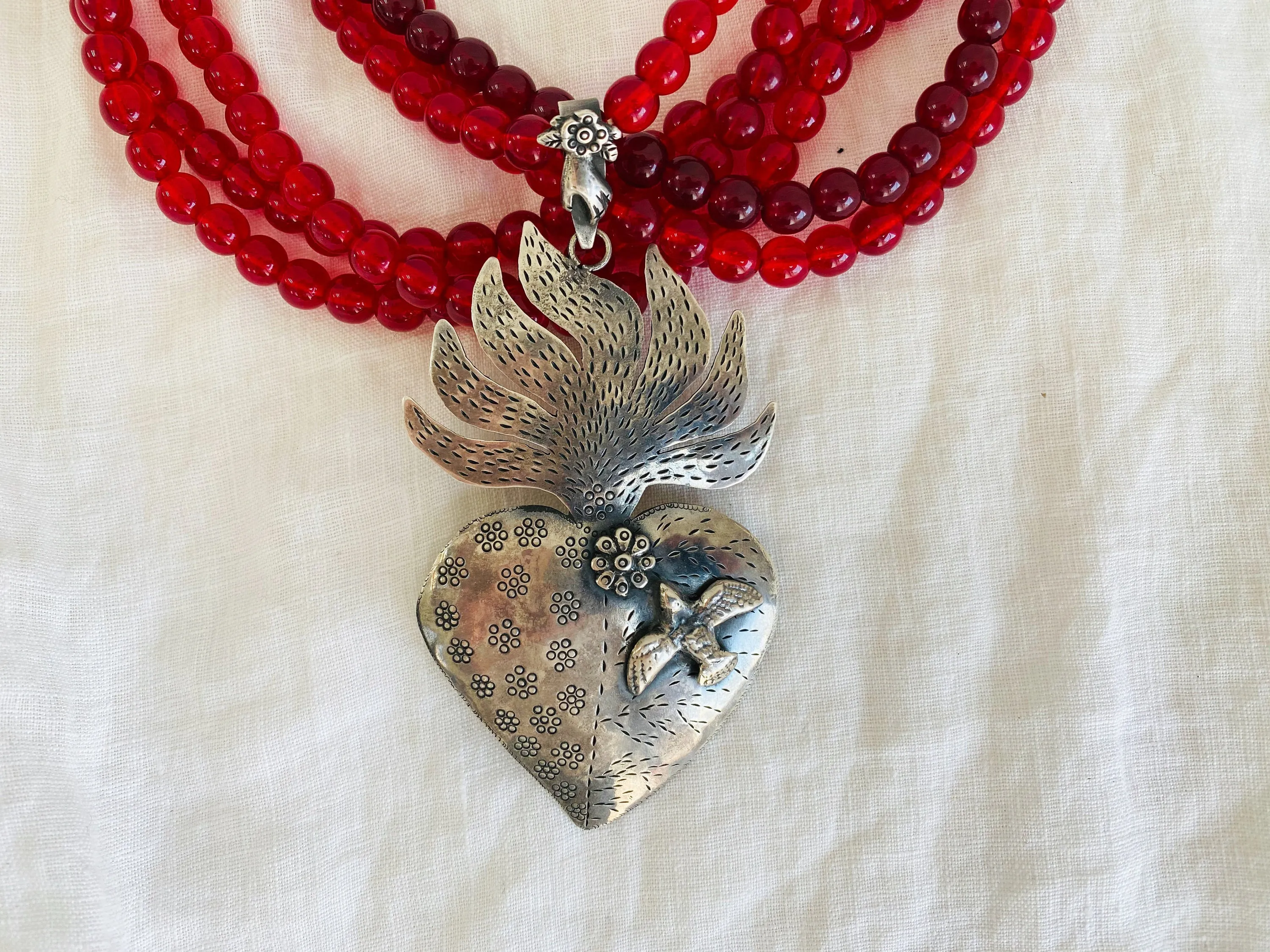 Mexican Sacred Heart Necklace. Antique Glass & Sterling Silver