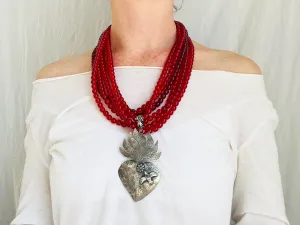 Mexican Sacred Heart Necklace. Antique Glass & Sterling Silver