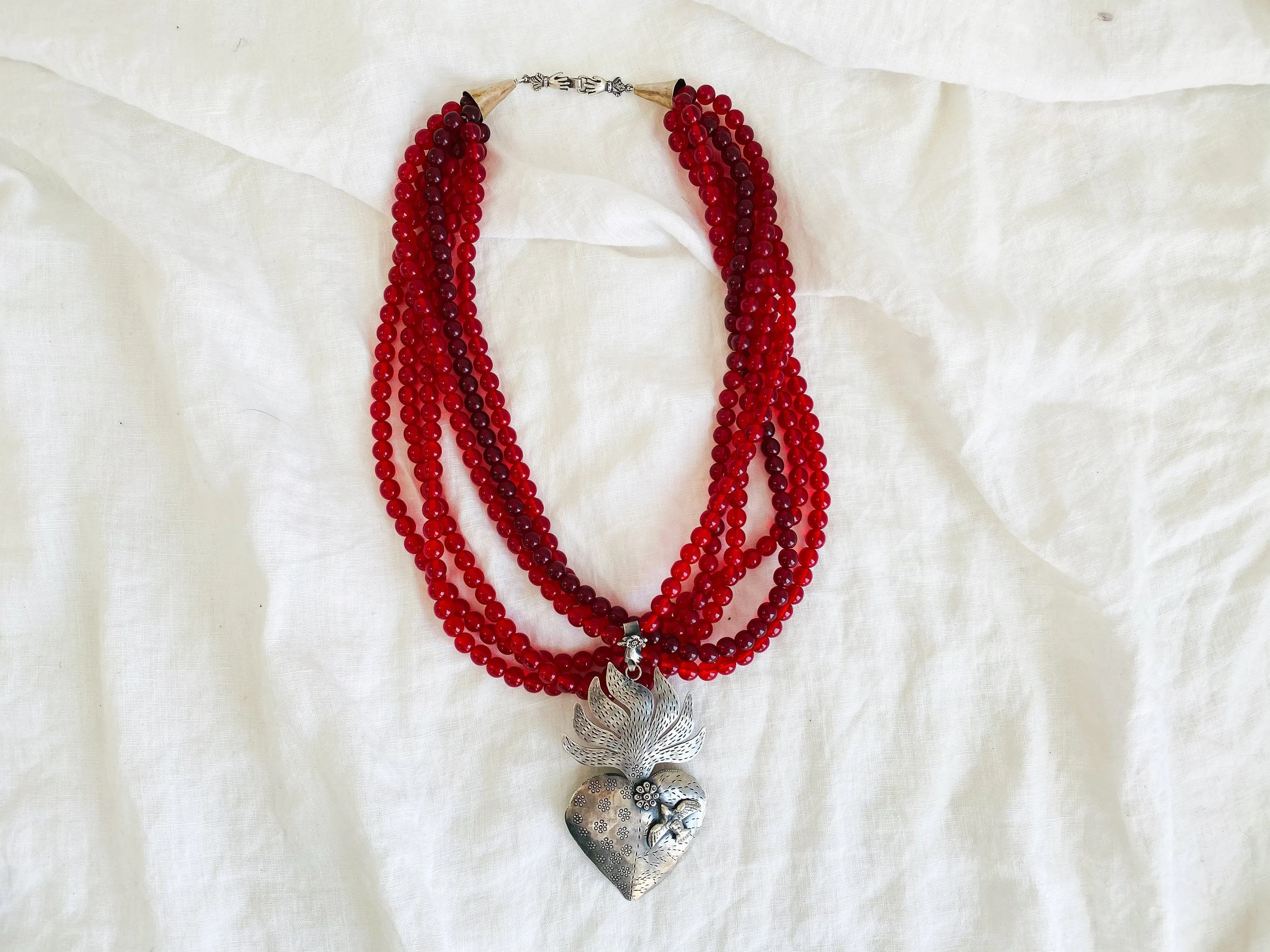 Mexican Sacred Heart Necklace. Antique Glass & Sterling Silver