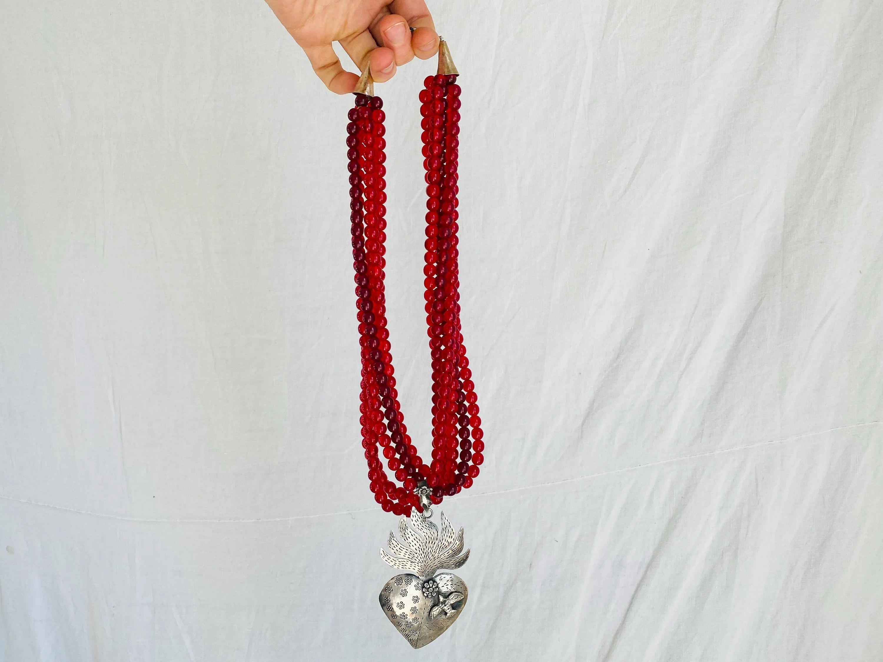Mexican Sacred Heart Necklace. Antique Glass & Sterling Silver