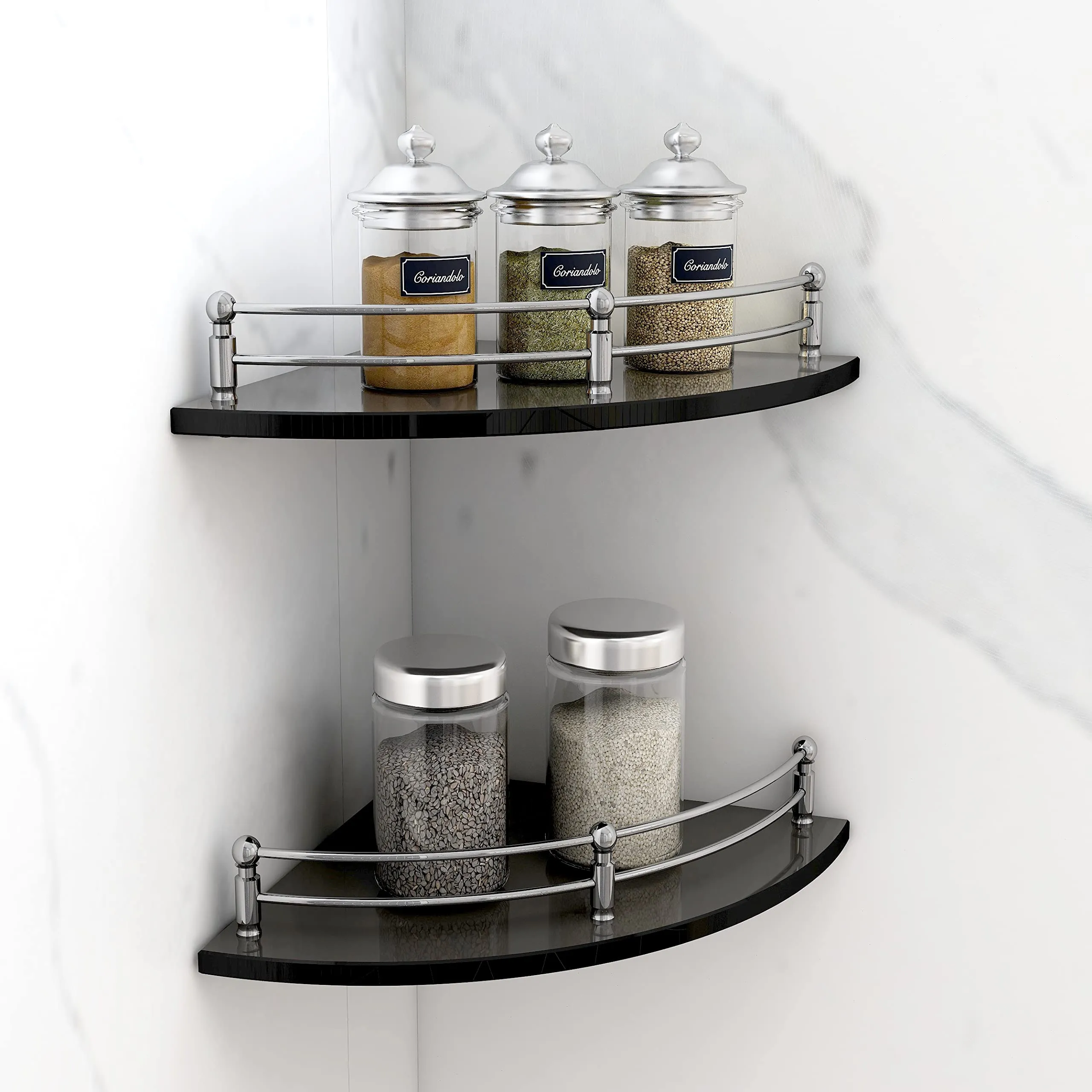 Plantex Premium Black Glass Corner Shelf for Bathroom/Wall Shelf/Storage Shelf (9 x 9 Inches - Pack of 2)