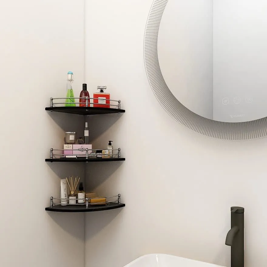 Plantex Premium Black Glass Corner Shelf for Bathroom/Wall Shelf/Storage Shelf (9 x 9 Inches - Pack of 2)