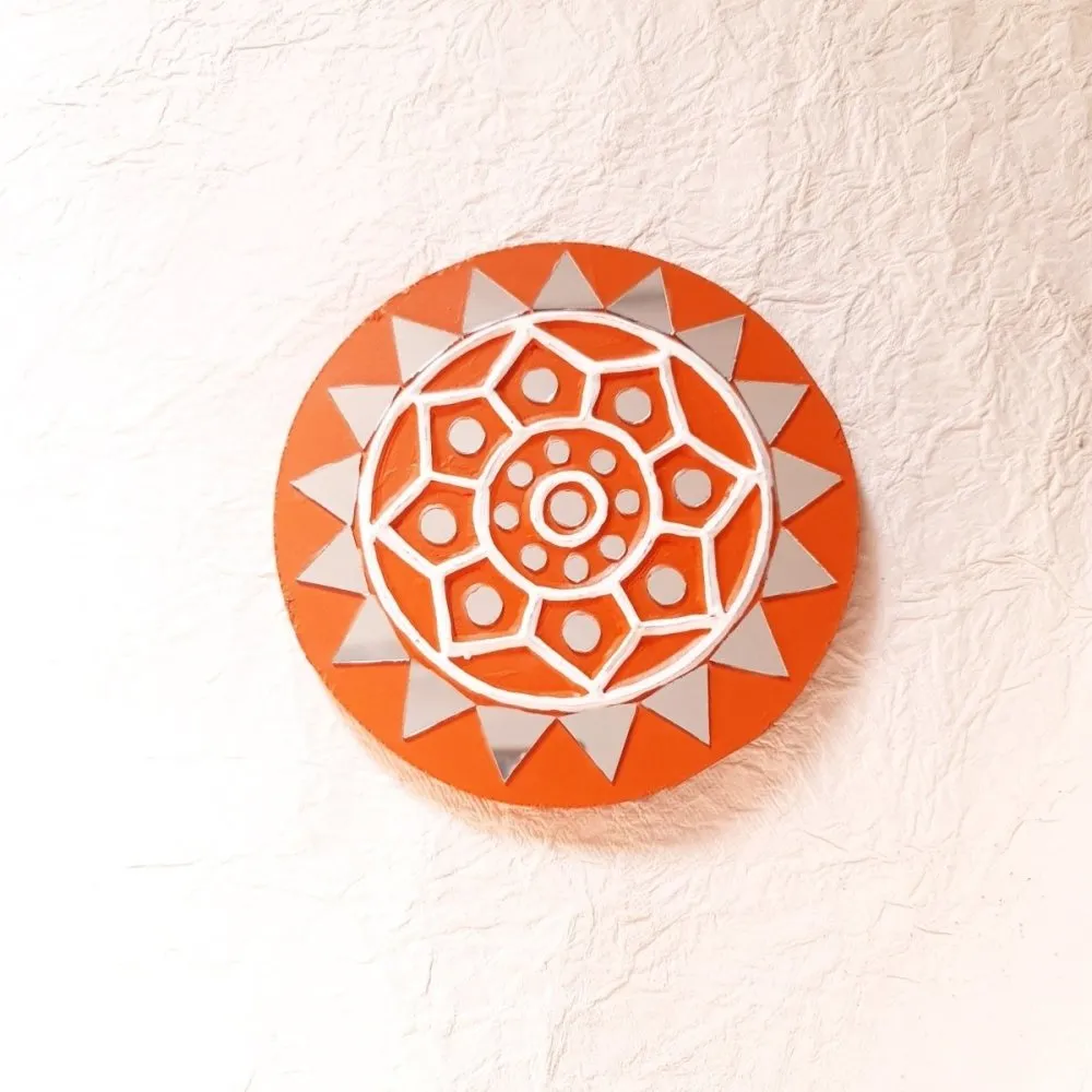Round Bright Brick Coloured Handcrafted Mud & Mirror Work Wall Art (Set of 2)