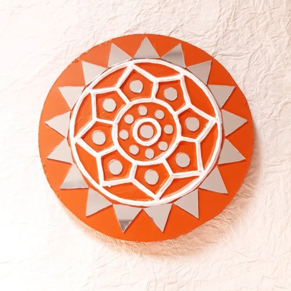 Round Bright Brick Coloured Handcrafted Mud & Mirror Work Wall Art (Set of 2)