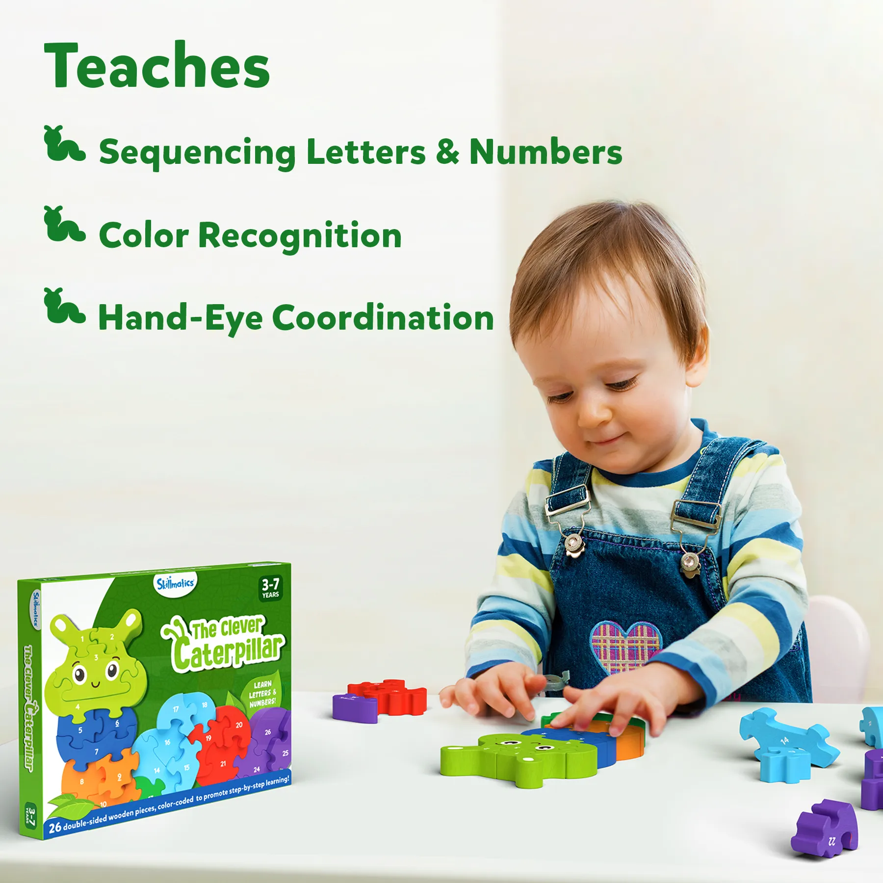Skillmatics Wooden Puzzle - The Clever Caterpillar, 2 Puzzles in 1, 26 Double-Sided Pieces, Learn Letters & Numbers, Gifts for Ages 3 to 7