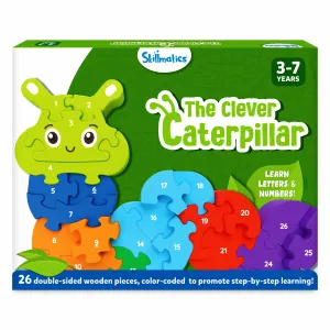Skillmatics Wooden Puzzle - The Clever Caterpillar, 2 Puzzles in 1, 26 Double-Sided Pieces, Learn Letters & Numbers, Gifts for Ages 3 to 7