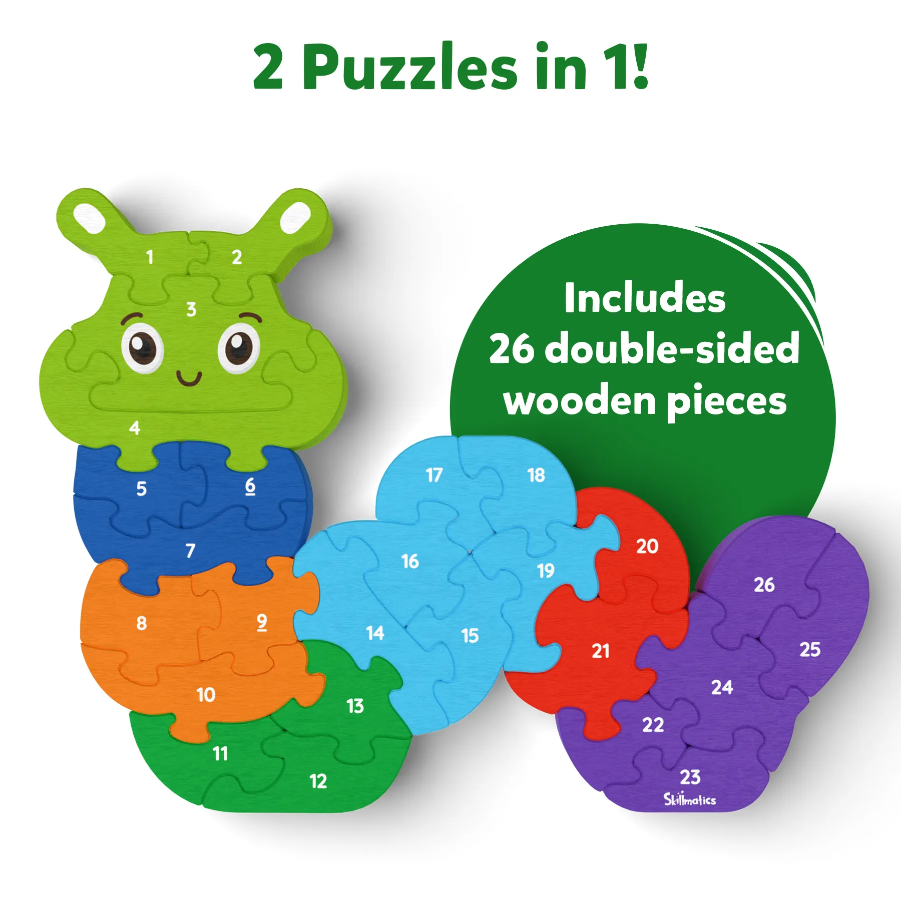 Skillmatics Wooden Puzzle - The Clever Caterpillar, 2 Puzzles in 1, 26 Double-Sided Pieces, Learn Letters & Numbers, Gifts for Ages 3 to 7