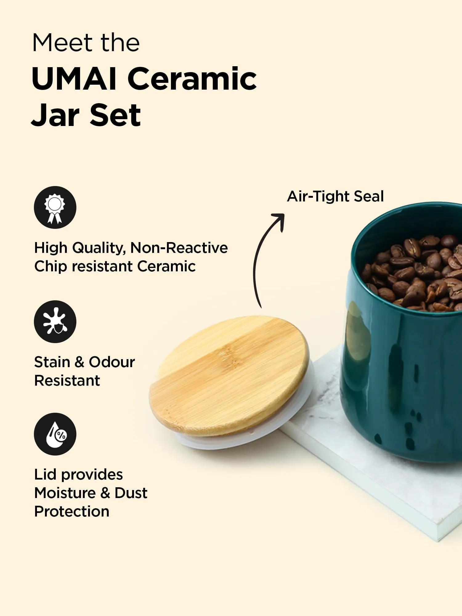 UMAI Ceramic Jar with Bamboo Lid | Kitchen Organizer Items and Storage | Multipurpose Airtight Container for Sugar,Salt,Snacks,Tea,Coffee|Kitchen Accessories Items| 700ml (Green) (Pack of 3)