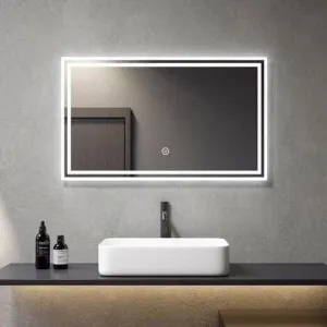 UNIQUE MIRROR Rectangular led Mirror with Three Led for Bedroom and Bathroom Three-color adjustable led mirror, light-controlled wash mirror, and anti-fog beauty mirror and size (24x30) inch W23.