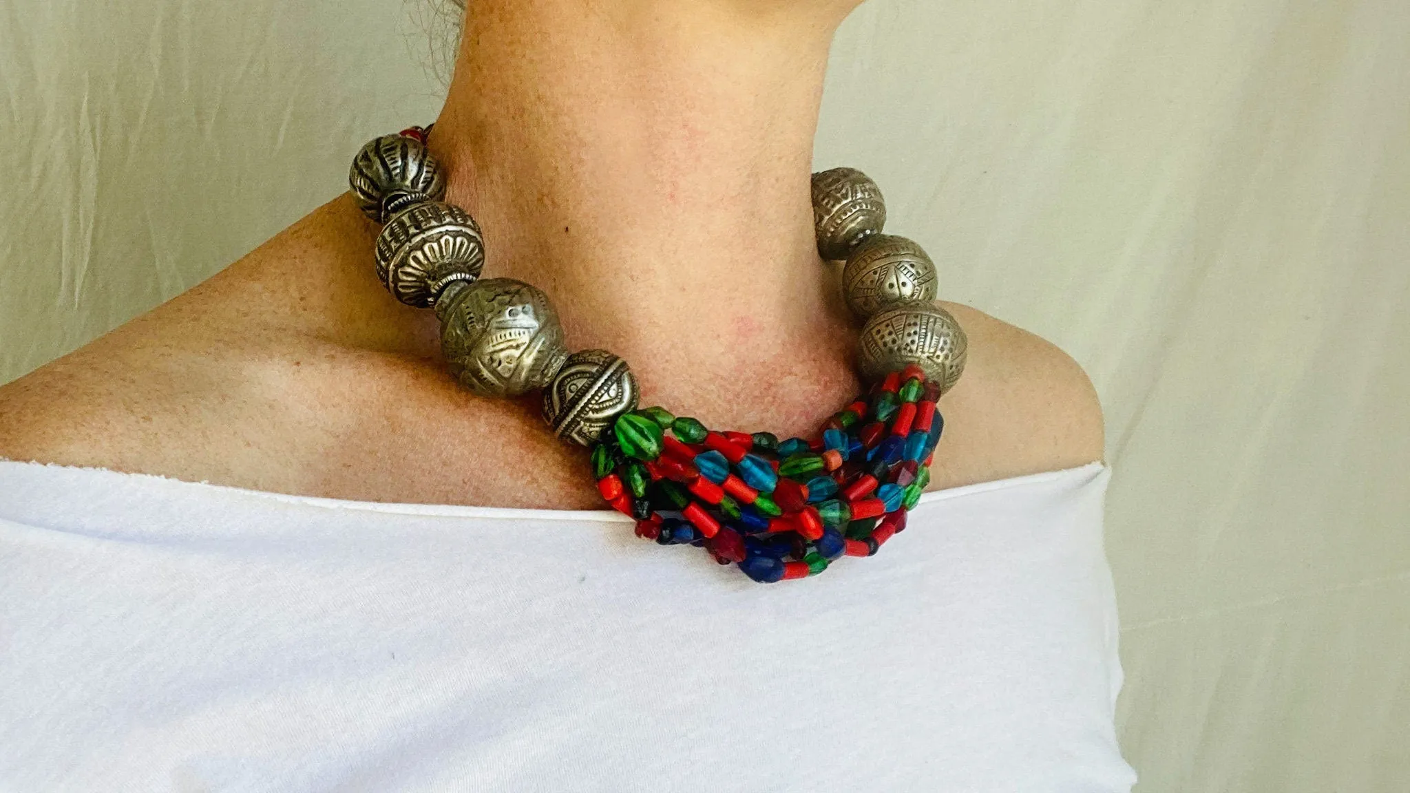 Vintage Glass Beaded Necklace. Antique Silver & Balochi Beads.