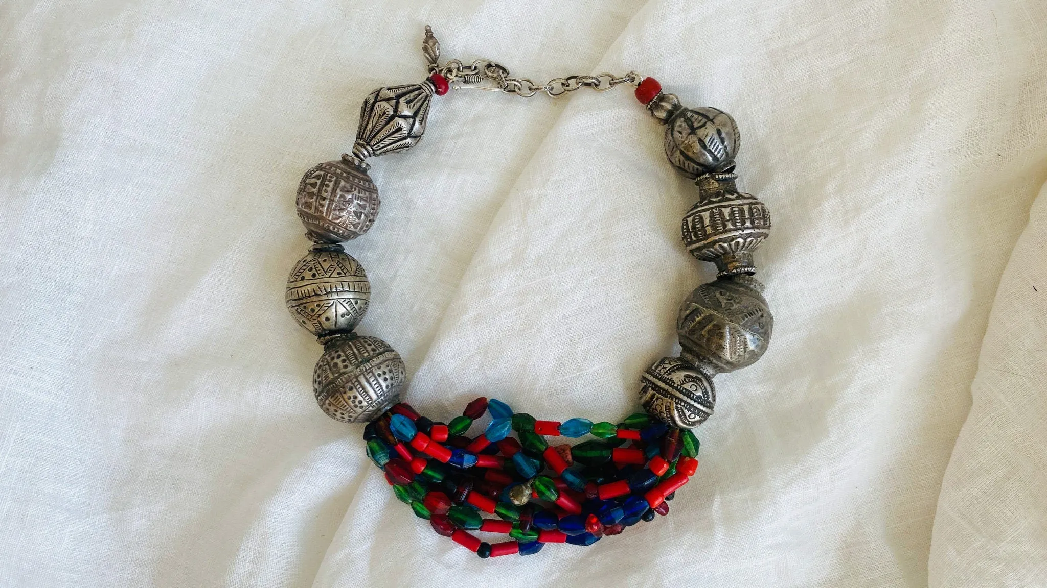 Vintage Glass Beaded Necklace. Antique Silver & Balochi Beads.
