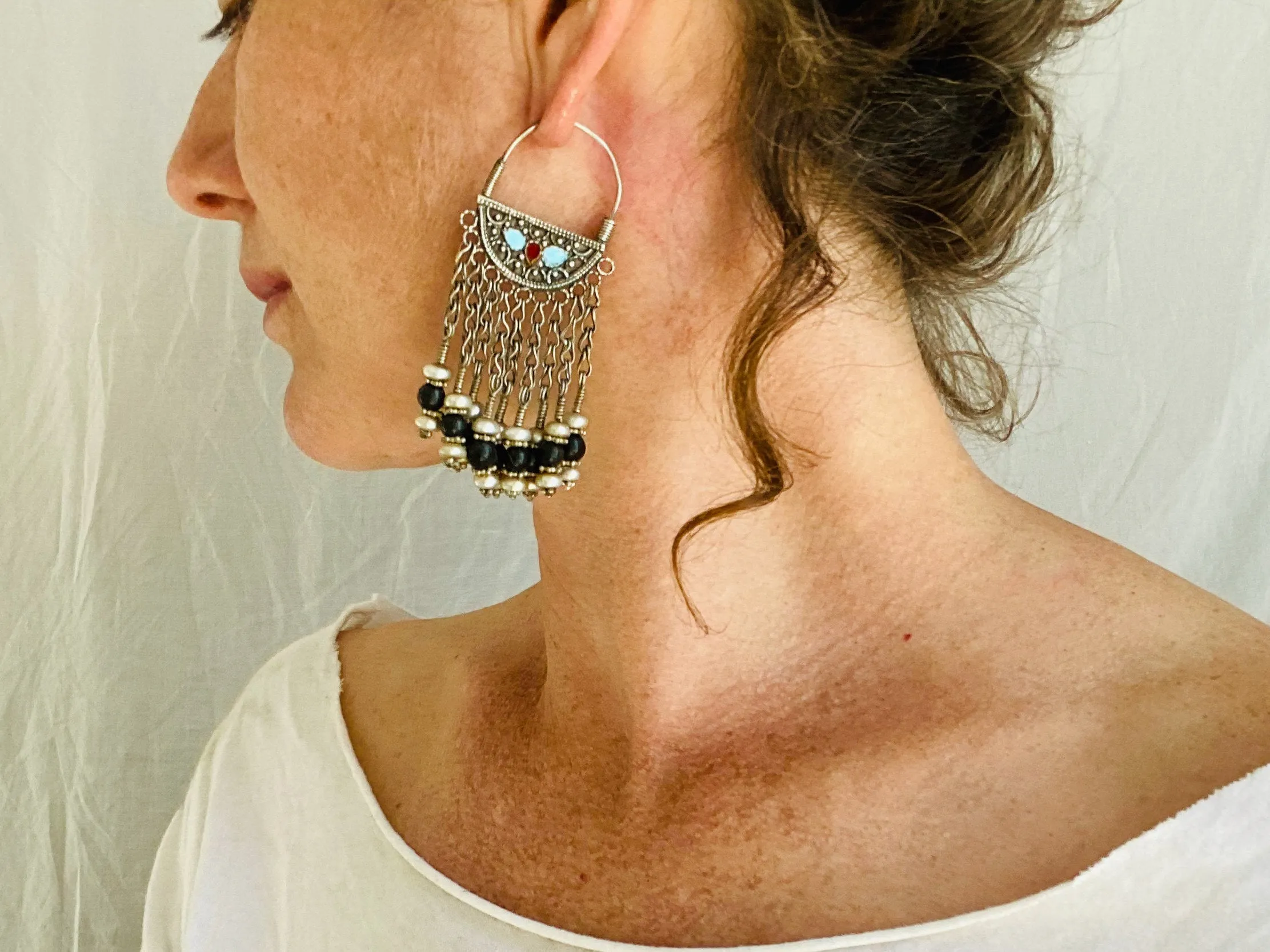 Vintage Uzbek Bukhara Earrings. Silver & Pearl. Long Dangles