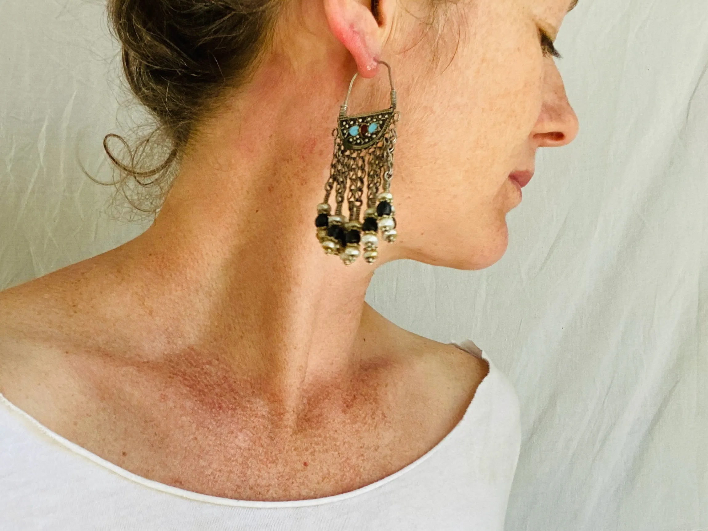 Vintage Uzbek Bukhara Earrings. Silver & Pearl. Long Dangles