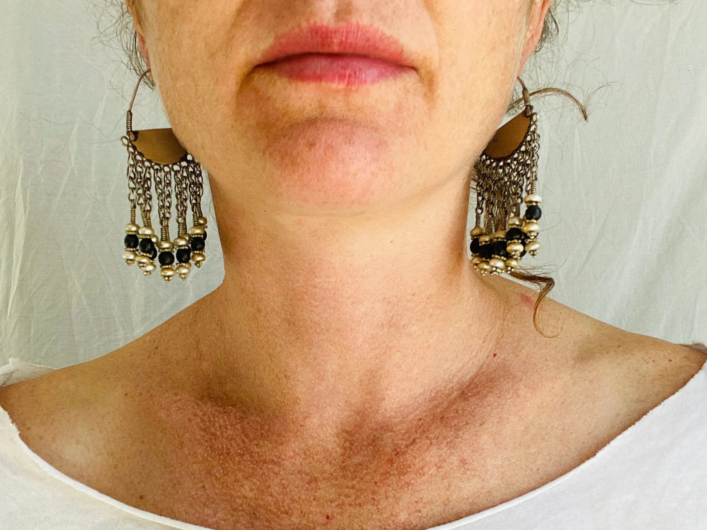 Vintage Uzbek Bukhara Earrings. Silver & Pearl. Long Dangles