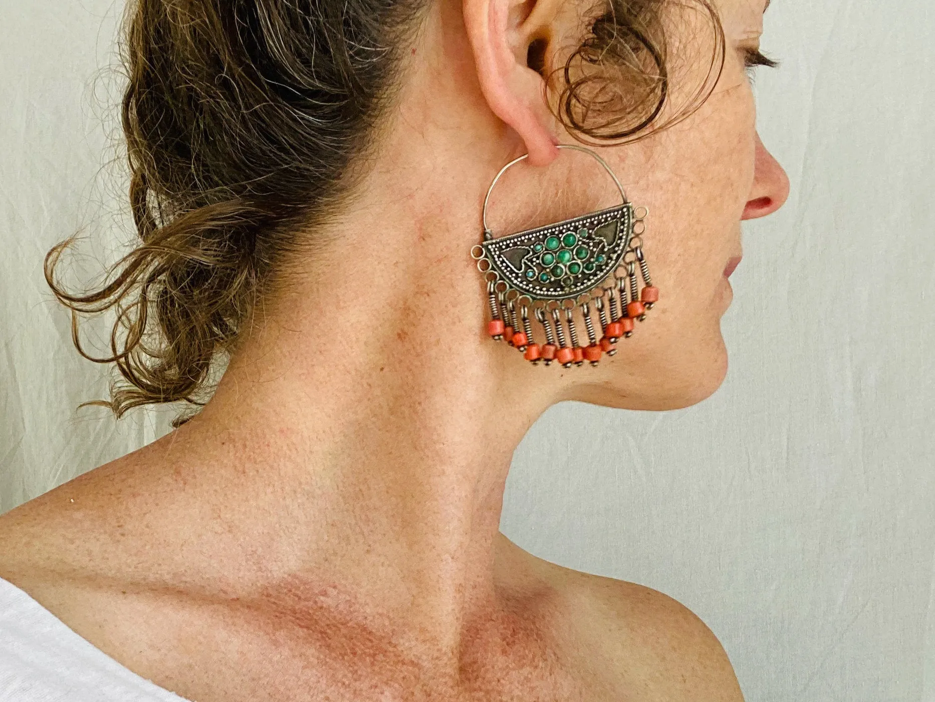 Vintage Uzbek Bukhara Earrings. Silver & Turquoise. Long Dangles