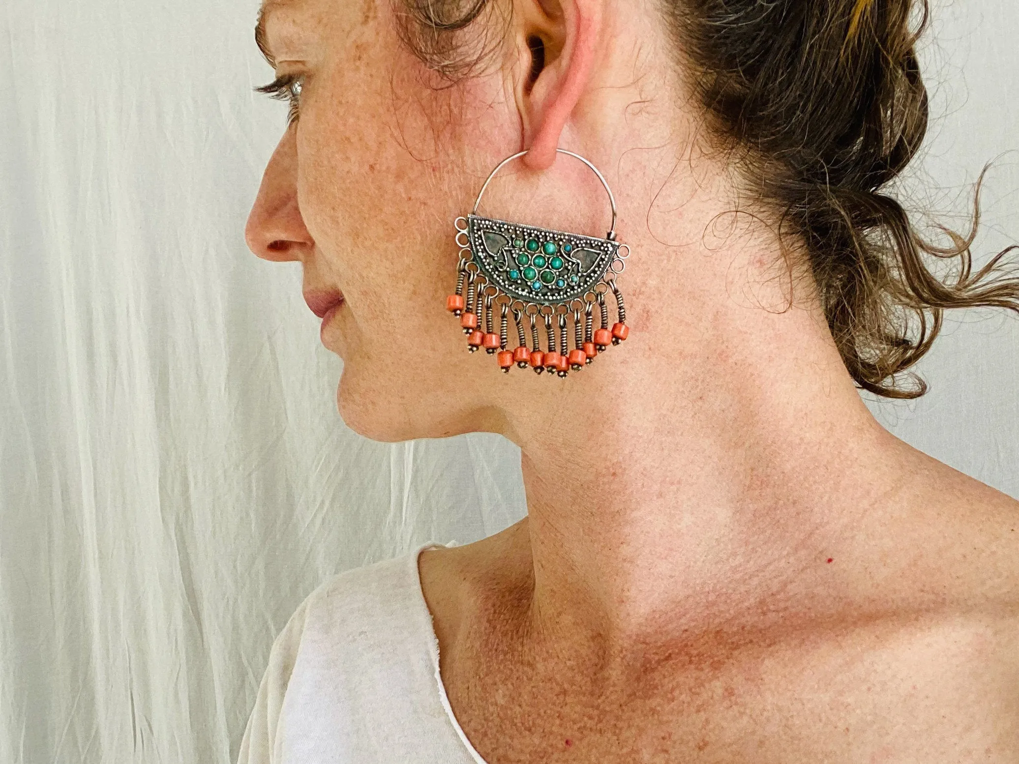 Vintage Uzbek Bukhara Earrings. Silver & Turquoise. Long Dangles