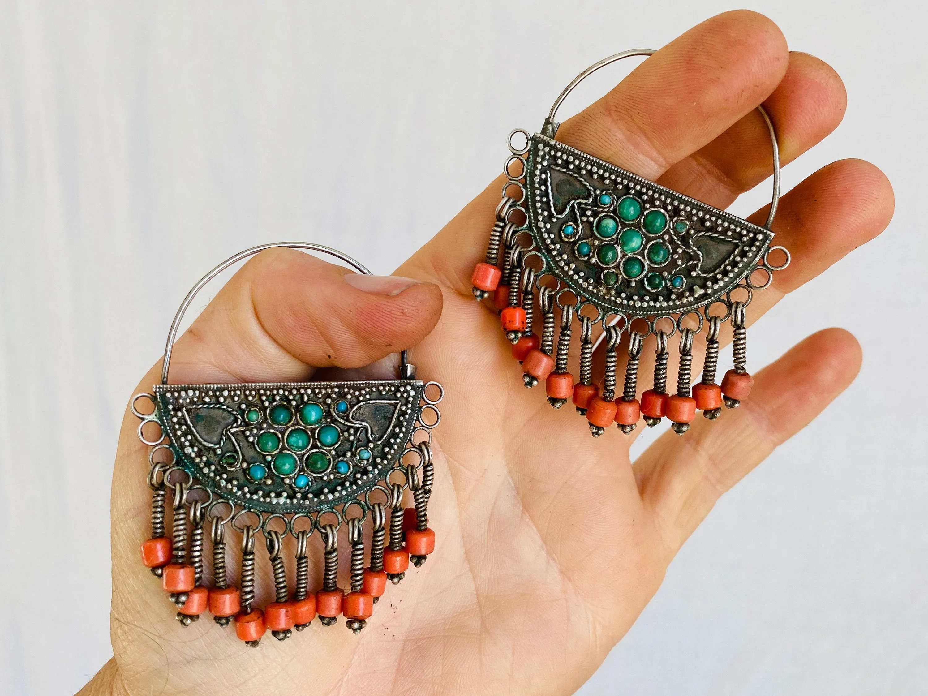 Vintage Uzbek Bukhara Earrings. Silver & Turquoise. Long Dangles