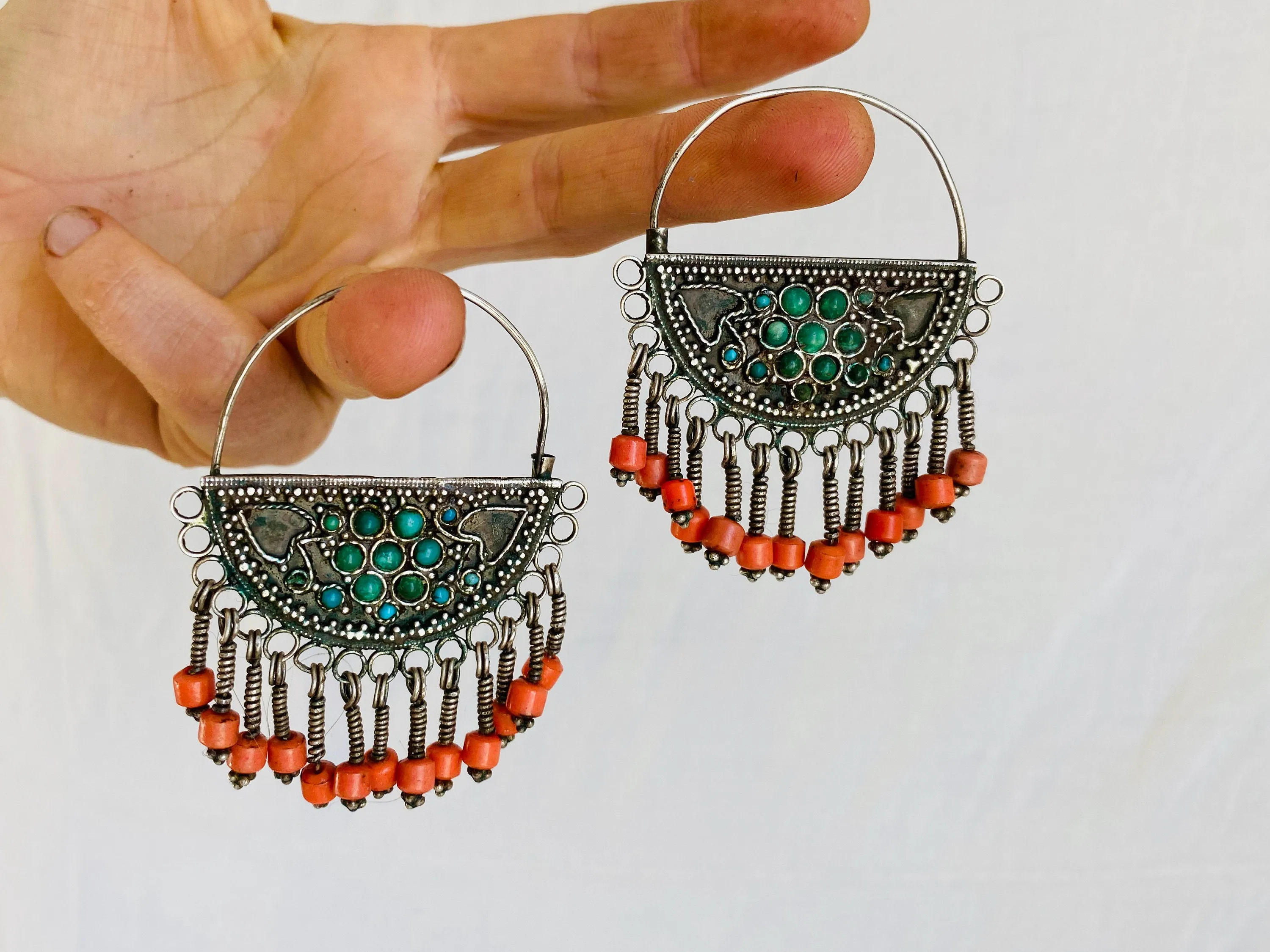 Vintage Uzbek Bukhara Earrings. Silver & Turquoise. Long Dangles