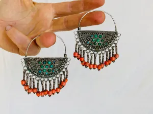 Vintage Uzbek Bukhara Earrings. Silver & Turquoise. Long Dangles