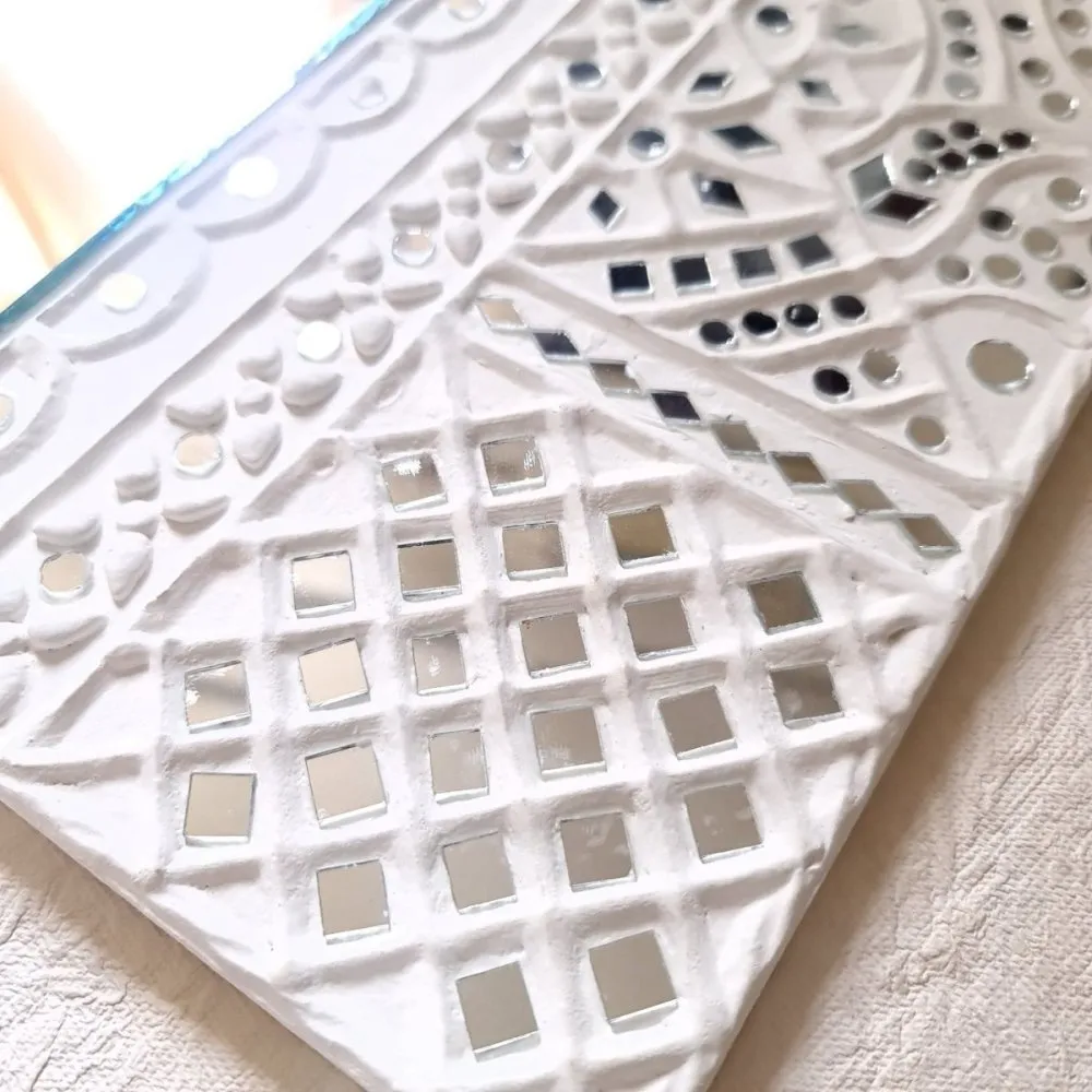 White Handcrafted Mud Art Wall Decor Mirror