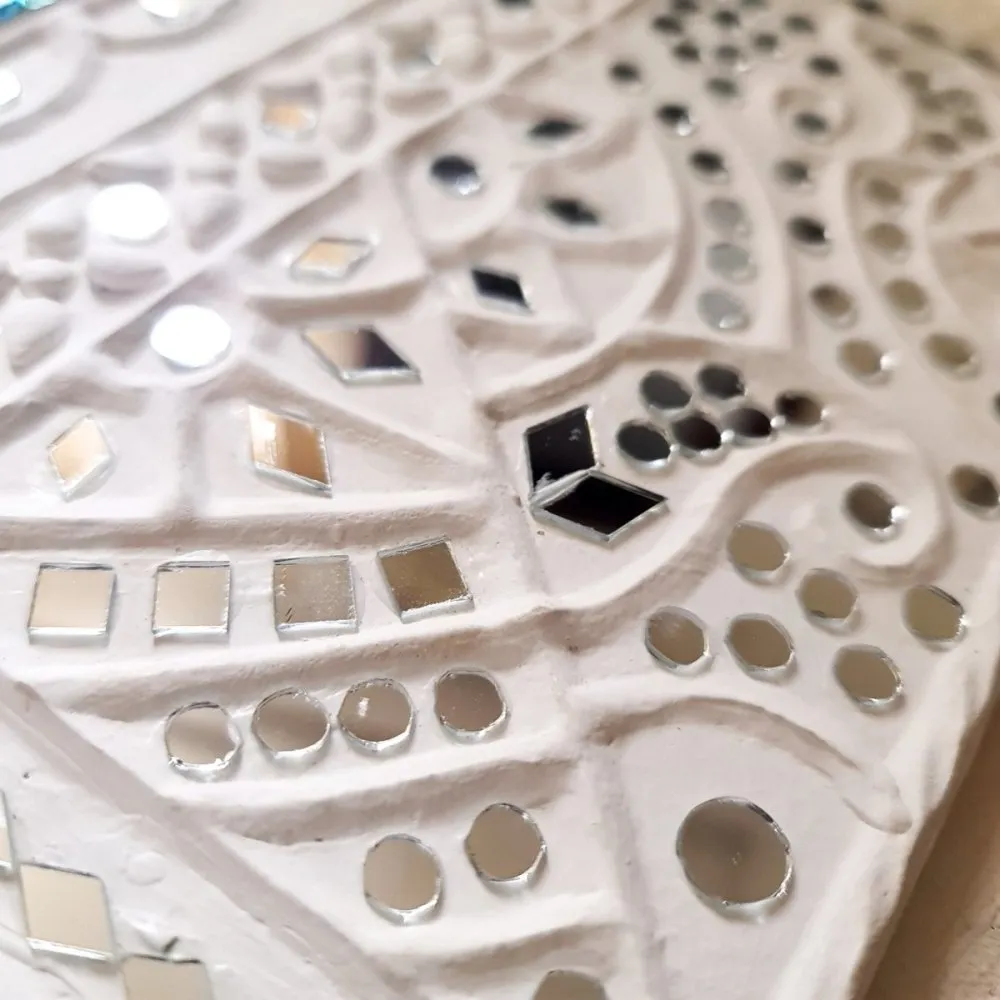 White Handcrafted Mud Art Wall Decor Mirror