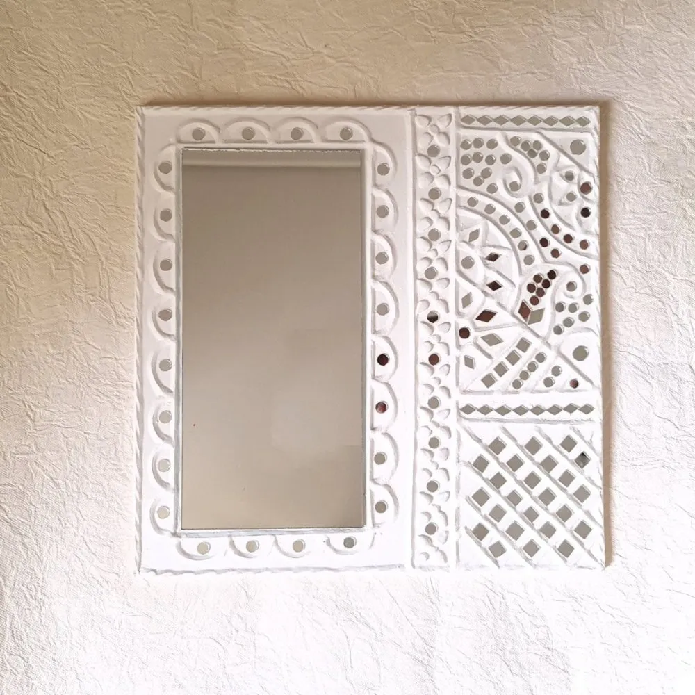 White Handcrafted Mud Art Wall Decor Mirror