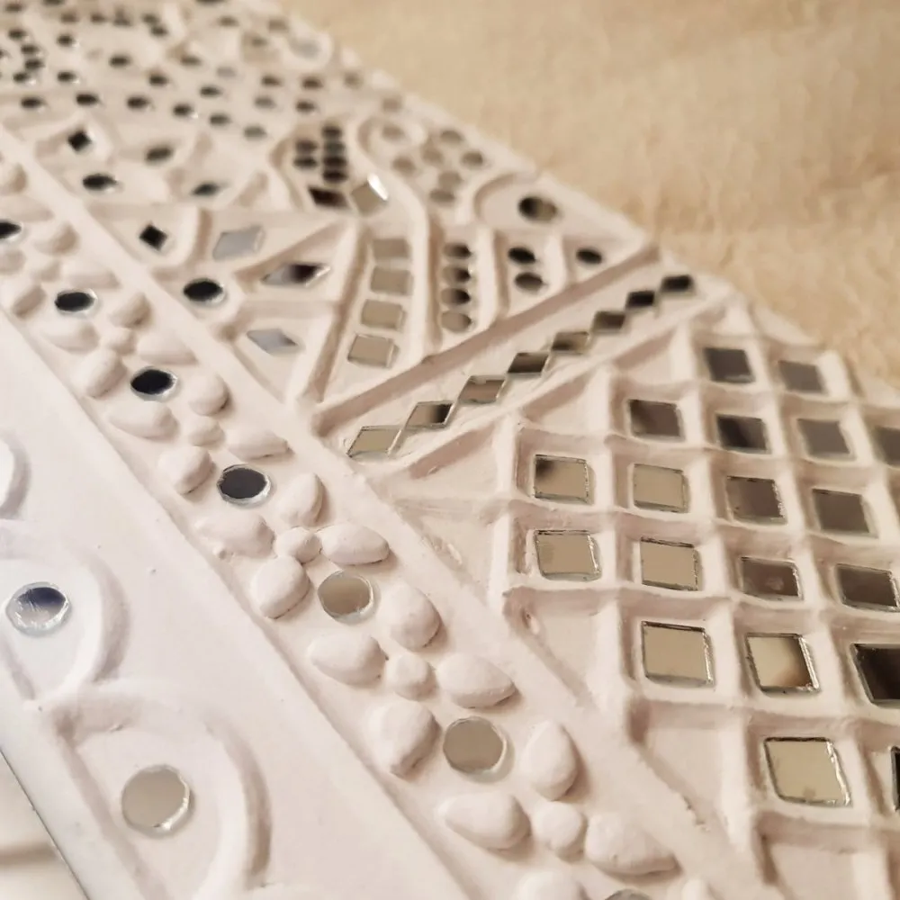 White Handcrafted Mud Art Wall Decor Mirror