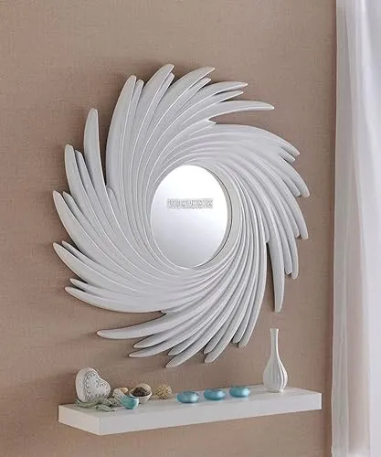 WOOD HOME DECORE Sunburst Mirror Frame Modern Decorative Wall Art for Luxurious Spaces(24×24 inches) (White)